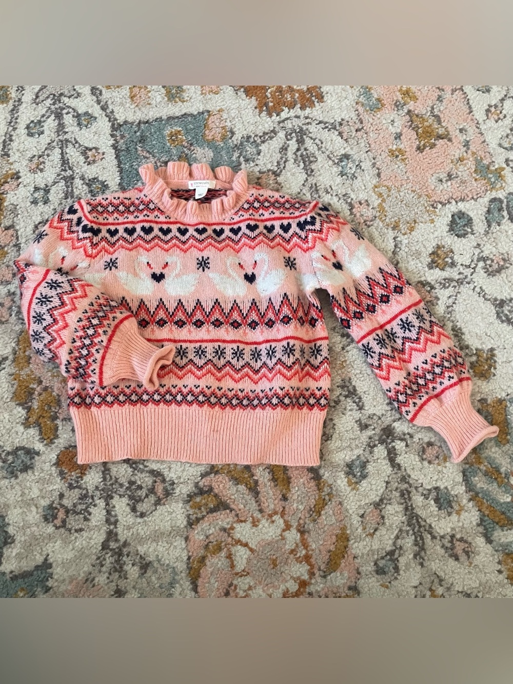 Crewcuts Pink Fair Isle Swan Ruffle-Neck Sweater